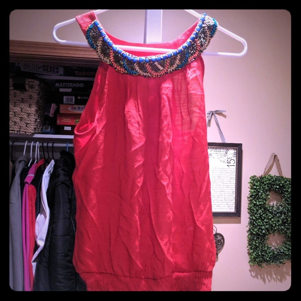 Red beaded tank with synched waist